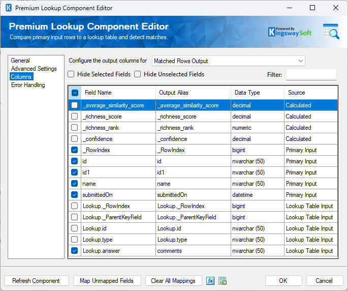 Premium Lookup Component Editor showing output column configuration for matched rows.